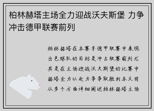 柏林赫塔主场全力迎战沃夫斯堡 力争冲击德甲联赛前列