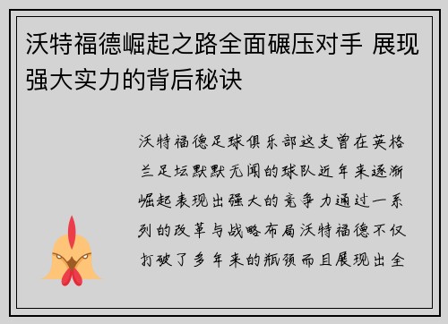 沃特福德崛起之路全面碾压对手 展现强大实力的背后秘诀