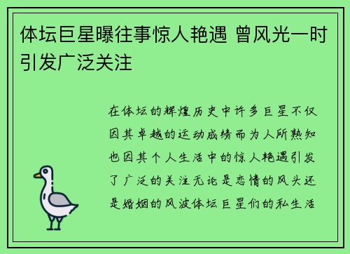 体坛巨星曝往事惊人艳遇 曾风光一时引发广泛关注